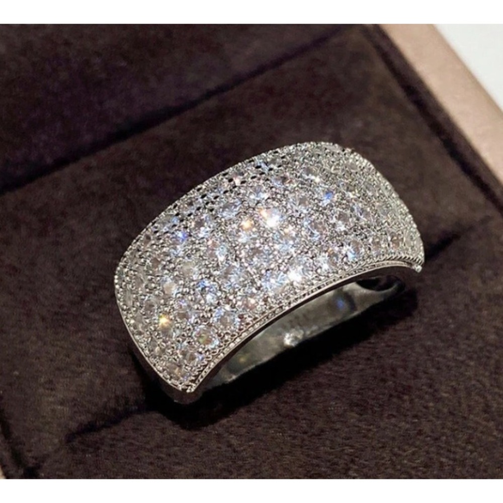 Silver Alloy Cubic Zirconia Pavé Wide Band Statement Ring Size 8 Costume Jewelry